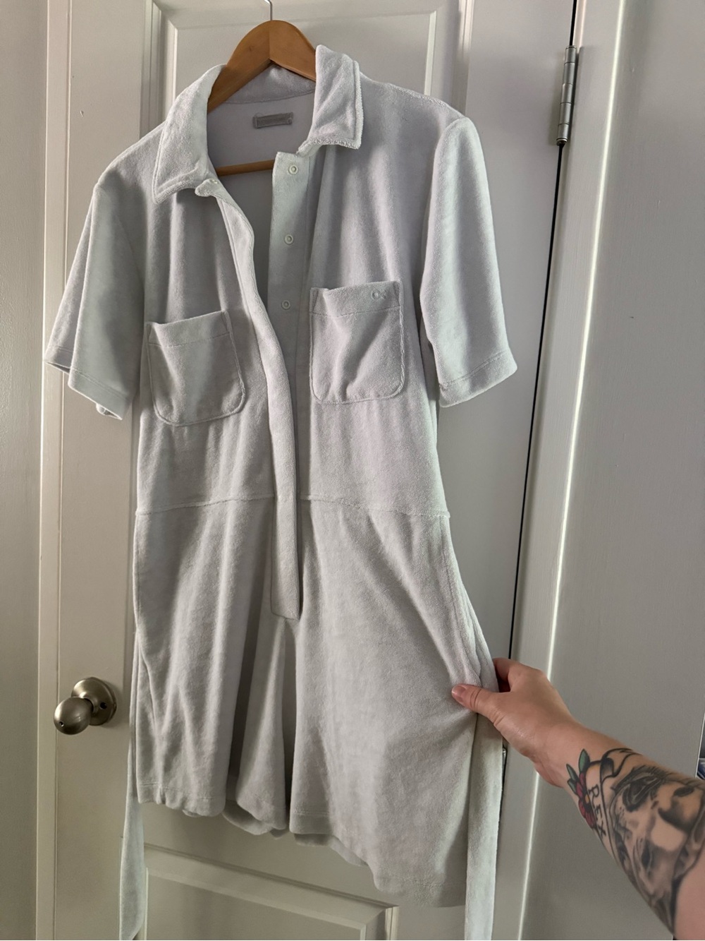 Outerknown Light Grey/Blue Short-Sleeve Terry Jumpsuit Romper Vacation Swimwear